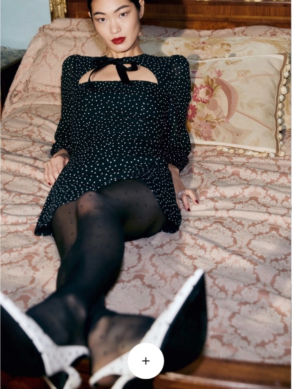 Reformation Terri Black Polka Dot Mini Dress with Tie Neck